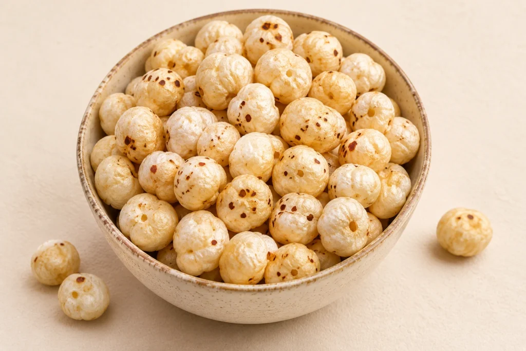 Roasted makhana in the same bowl, popped into light, crisp puffs